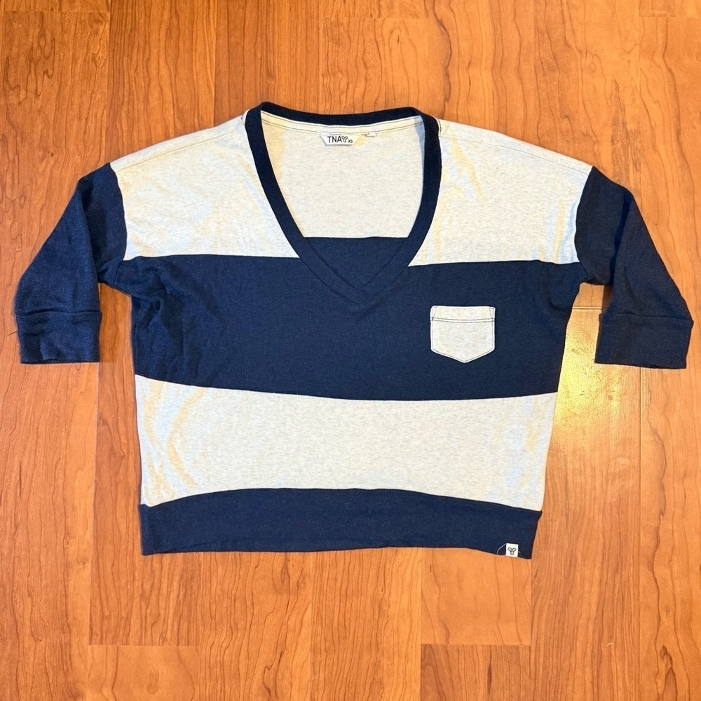 TNA ARITZIA 3/4 Sleeve Relaxed Stripe Shirt Oversized‎ Navy White size XS